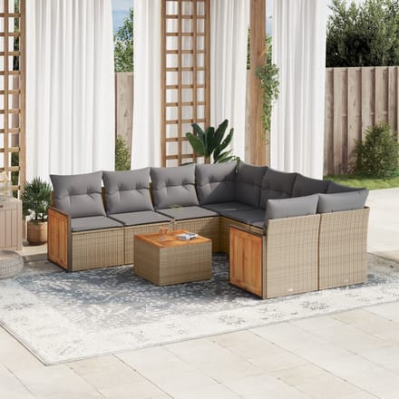 vidaXL - 9-delige - Loungeset - met - kussens - poly - rattan - beige