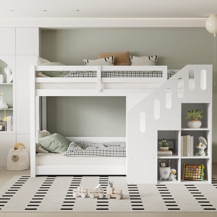 Stapelbed - 90x200 cm - Multifunctioneel met Trap en Kastjes - Stabiele Omheining - Wit