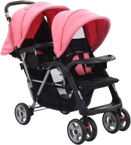 Opvouwbare Dubbele Buggy voor Twee Kinderen - Verstelbare Rugleuning - Roze/Zwart