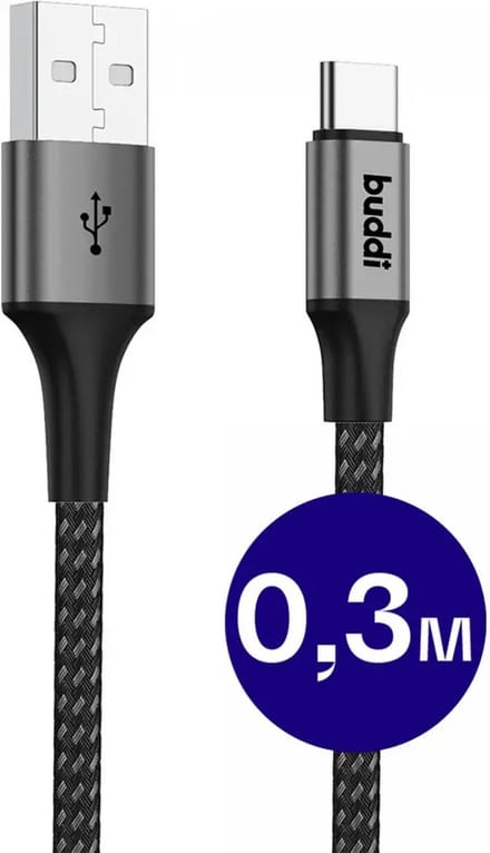 Buddi Flex | USB-A naar USB-C Kabel 12W Fast Charge 5V/2.4A | 480Mbps Dataoverdracht | Gevlochten Nylon | 0,3M Zwart