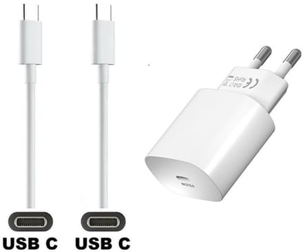 OneOne 25W super snellader + 3,0m sterke OneOne USB C naar C kabel. PD lader. Universele oplader adapter
