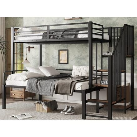 ModernLuxe Stapelbed 90×200 cm + 120×200 cm - veiligheidstrap met 4 treden - Metaal + MDF - Zwart + Natuur