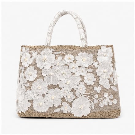 HS Grote Mand Shopper Strandtas - Wit Bloemen Borduursel