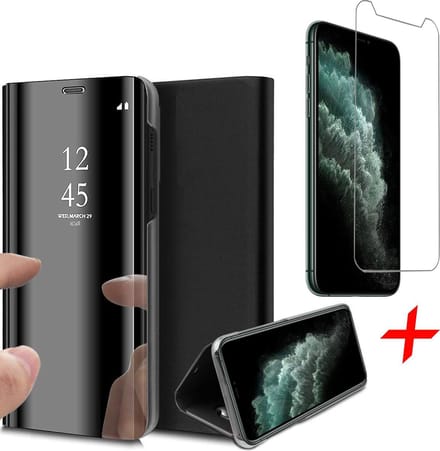 Hoesje geschikt voor iPhone 11 Pro - Screen Protector GlassGuard - Book Case Spiegel Zwart & Screenprotector