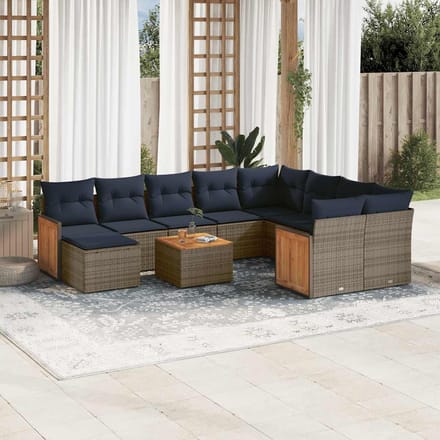 vidaXL - 11-delige - tuinbankset - met - kussens, - grijs - polyrotan