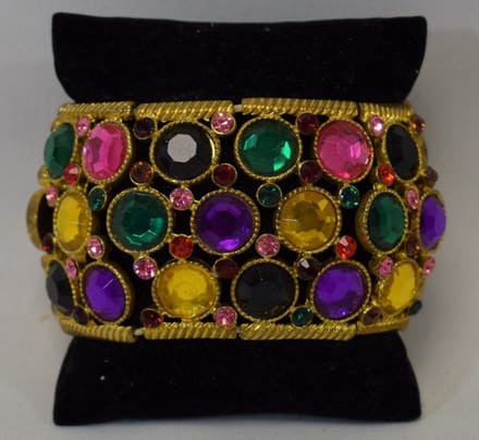 MustHaves - armband - elastisch - metaal - koperkleur - strass - verschillende kleuren - lengte 20 cm