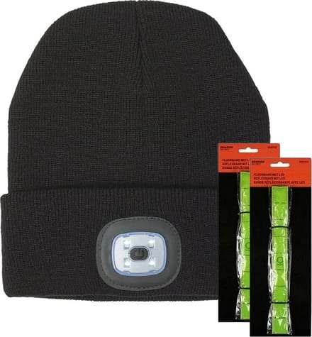 Benson Hardloop set winter - LED wintermuts/beanie zwart - LED Hardloop reflectie bandje