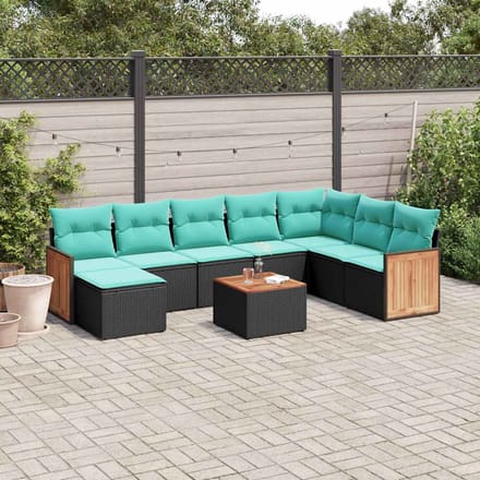 vidaXL - 9-delige - tuinbankset - met - kussens - van - zwart - polyrotan