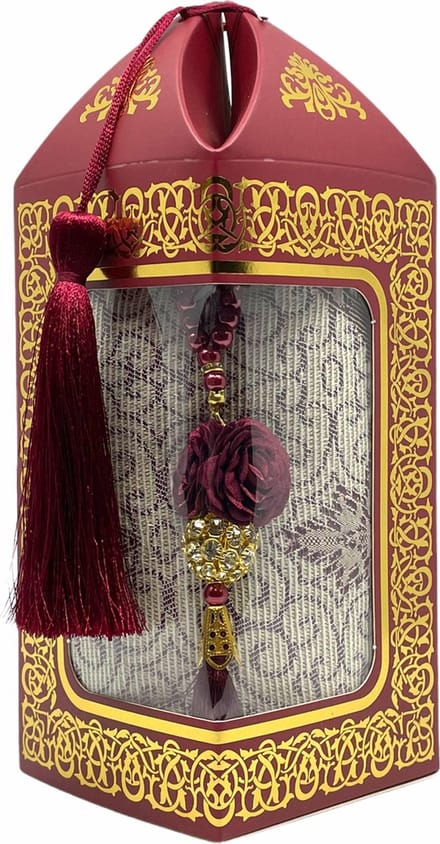 Geschenkset Bade met een gebedskleed en een parel tasbih in een luxe kartonnen box rood
