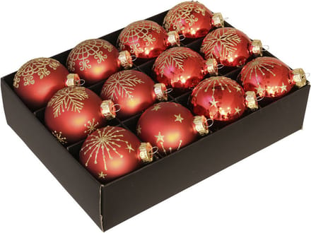 Othmar Decorations Luxe kerstballen - gedecoreerd - 12x st - rood - D7,5 cm - glas - kerstversiering