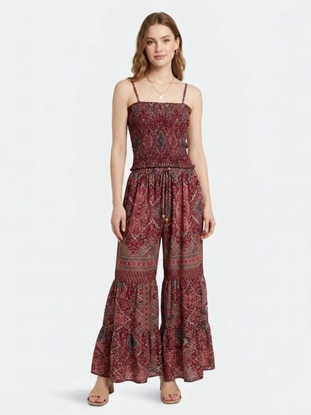 Dames Kleding set - Top met broek - 1018 - One size (36-40) donkerrood/roze/groen