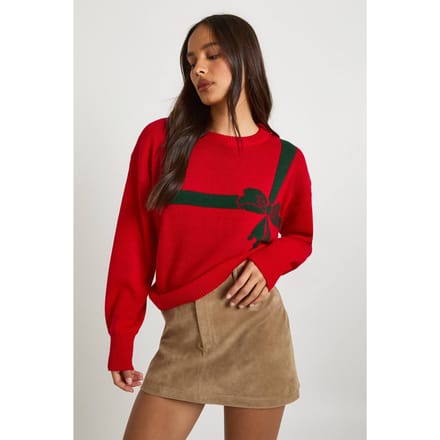 boohoo Dames Present Bow Kersttrui | Rood | Maat: Small