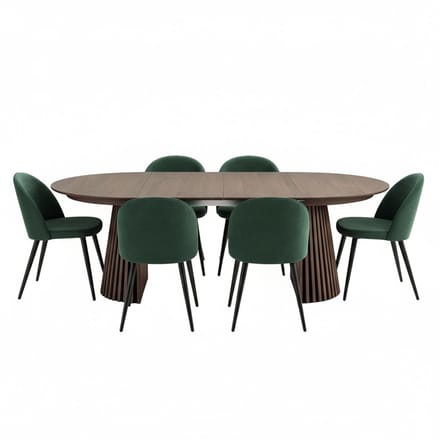 Tokyo eethoek eettafel smoked, 6 stoelen met groene velours bekleding.