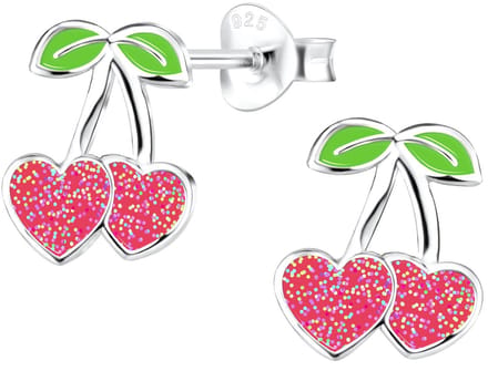 Joy|S - Zilveren kers oorbellen - 9 x 10 mm - rode hartjes met glitters