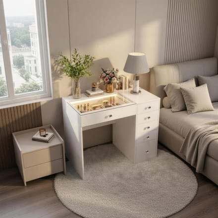 VANITII GLOBAL Kaptafel met Verlichting Licht LED 6 Lades Wit 92 x 55 x 81 cm