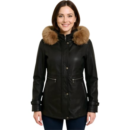 Zwarte leren parka met capuchon voor dames - Charleville