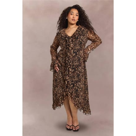 boohoo Dames Plus Chiffon Luipaard Ruffle Midaxi Jurk | Luipaardprint | Maat: 44