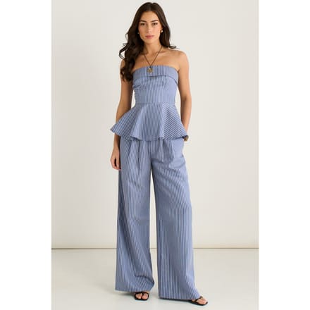 Blauwe peplumtop met Bardot-strepen