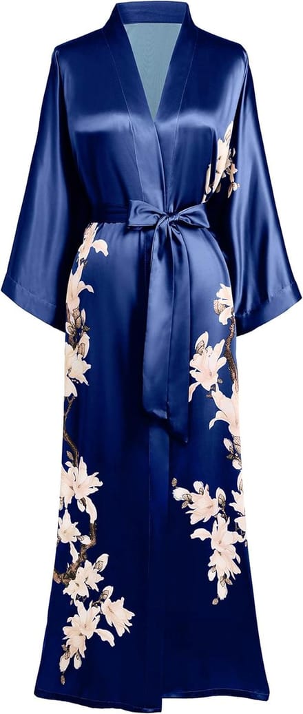 Ochtendjas, kimono, bloemen, tak, bedrukt, lang, navyblauw