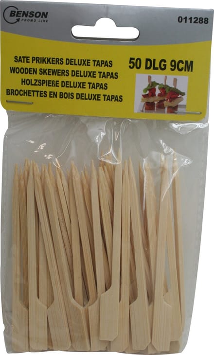 Benson Deluxe saté prikkers - hout - 9 cm - 50 stuks - wegwerpbaar