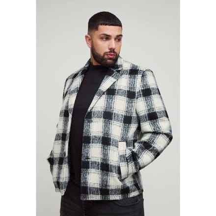 Plus Boxy Oversized Geborstelde Geruite Overjas | Black | Size 2XL