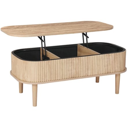 1000 mm Koffietafel met Verhoogbaar Blad, Geribbelde Ovalen Koffietafel met 3 Verborgen Compartimenten, Houten Ovalen Salontafel in Mid-Century Stijl met Opbergruimte, Verhoogbaar Tafelblad