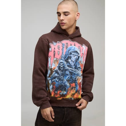 Boxy Washed Homme Gothic Graphic Distressed Hoodie | Brown | Size Medium