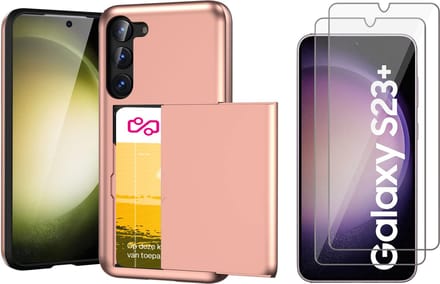 Hoesje met Pasjeshouder geschikt voor Samsung Galaxy S23 Plus - 2x Screen Protector GlassGuard - Back Cover SlideCase Roségoud & Screenprotector