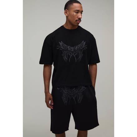 Oversized Boxy T-shirt Met Studs & Relaxed Short Set | Black | Size XS