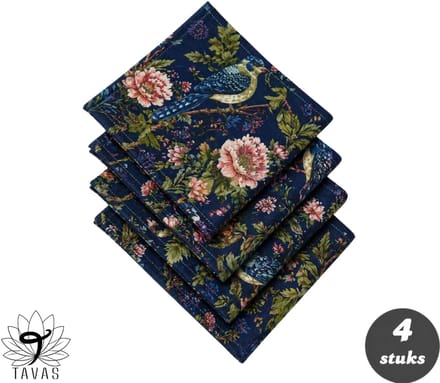 Tavas Servetten - 30 x 30 cm - Set van 4 stuks - Donkerblauw - Blauwe Vogeltuin - Katoen