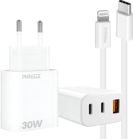 30w oplader met oplaadkabel geschikt voor iPhone iPad met Lightning - Snellader 3 poorten