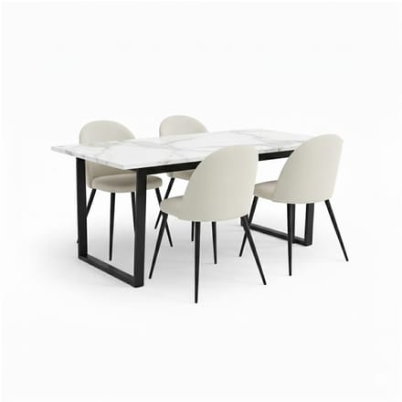 Tilst eethoek eettafel wit marmer print en 4 stoelen fluweel beige.