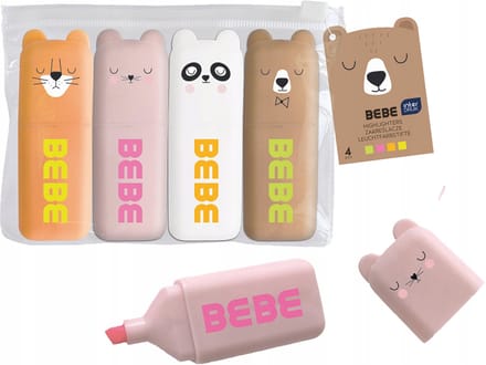 Mini Markeerstiften Bebe Friends - 4 Neon Kleuren Dierentuin