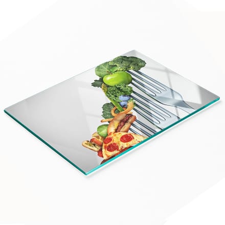 Glazen serveerplank met afbeeldingen van gezonde voeding, 80x52 cm