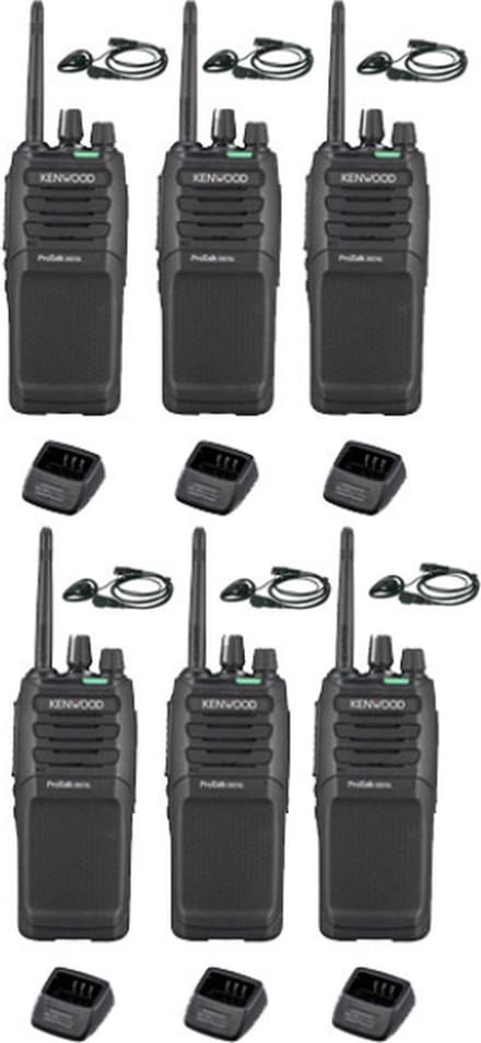 Set van 6 Kenwood TK-3701D IP55 Portofoon met D-shape oortje en tafellader