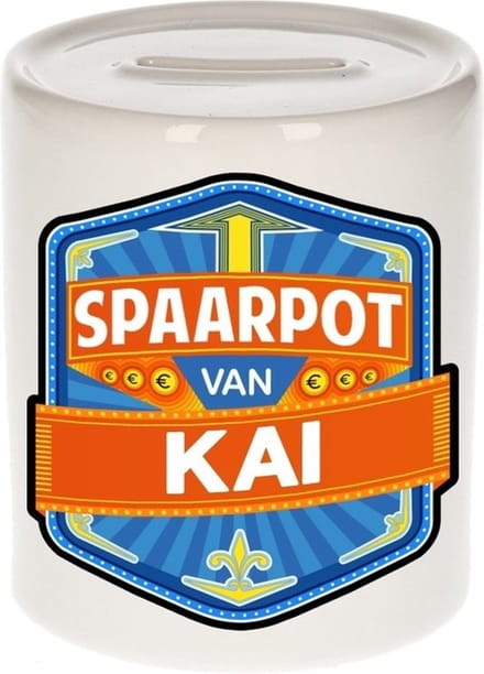 Bellatio Decorations Kinder spaarpot met naam - Kai - keramiek - met dop - wit - Sparen - Spaargeld van Kai