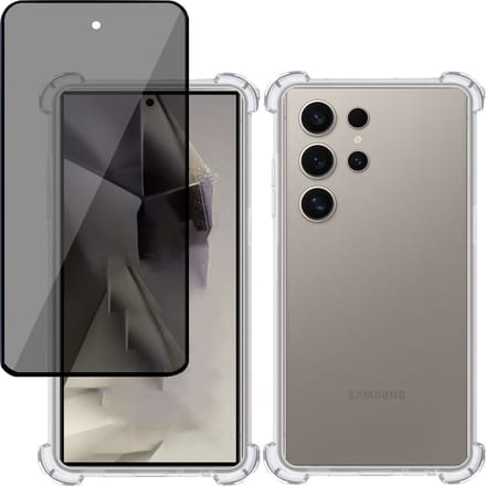 Hoesje + Privé Screenprotector geschikt voor Samsung Galaxy S24 Ultra – Privacy Tempered Glass - Case Transparant