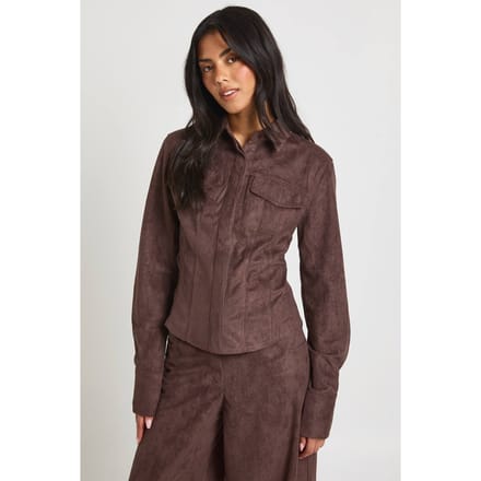 boohoo Dames Nep Suede Shirt met Tailleband | Chocolate | Maat: 12