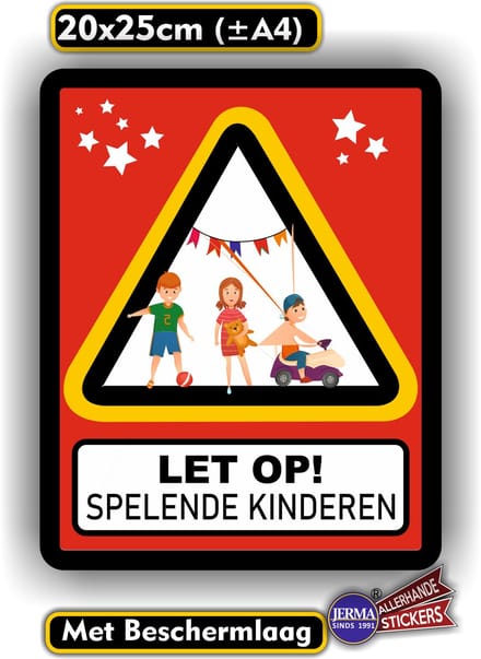 Jerma - Let op! Spelende Kinderen Sticker – Weerbestendig - Vinyl - 20 x 25 cm - Zelfklevend -