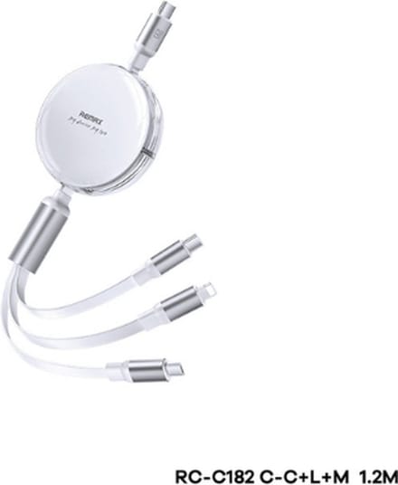 Remax RC-C182 - USB Kabel - 3in1 - USB-C/Micro/Iphone Output - 1.2m - 100W - Wit