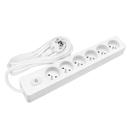 Multiprise SELDUR G6FA22B, 6 prises type E + interrupteur à voyant, Blanc, câble 2m blanc