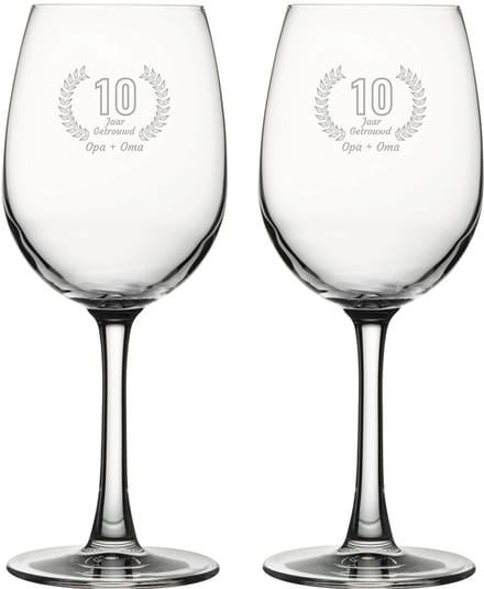 Gegraveerde set witte wijnglazen 36cl Opa + Oma 10 jaar getrouwd