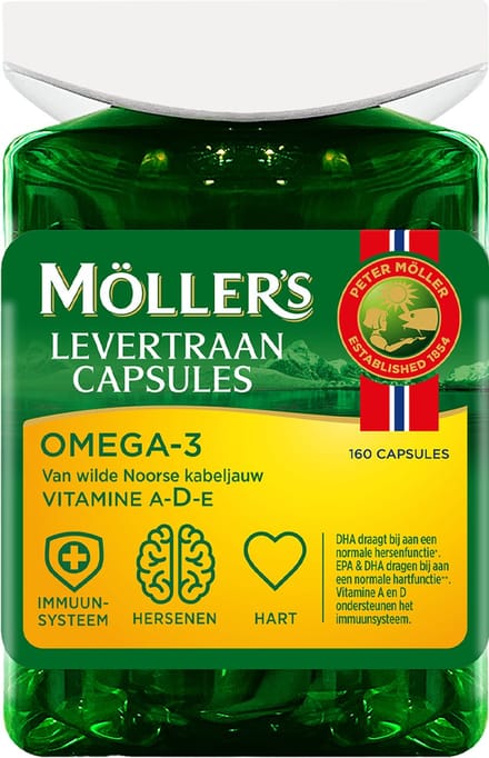 Möller’s Omega-3 Levertraan - 160 capsules - Omega-3 capsules – Levertraancapsules – Levertraan met vanillesmaak