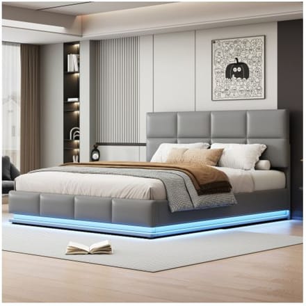 Bed - MUVOE - 180x200 cm - LED-verlichting - Hydraulische opbergruimte - Lichtgrijs kunstleer grijs