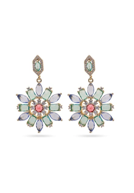 AVANT-GARDE PARIS Oorbellen - Bloemvormige Dangle - 1 stuk - Lichtgroen met Rode Steen en Gouden Accenten