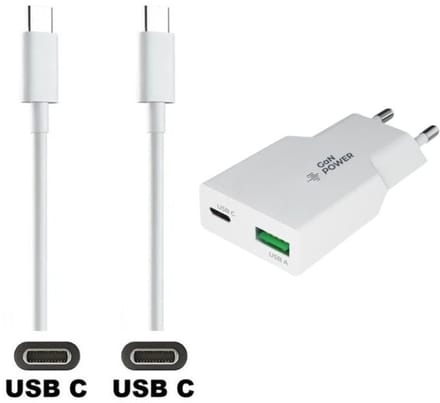 OneOne 25W super snellader met 2 poorten en screenprotector van glas voor iPhone Air + 0,5m USB C naar USB C kabel. Compacte witte PD PPS GaN oplader adapter. Screenprotector past op Apple iPhone Air