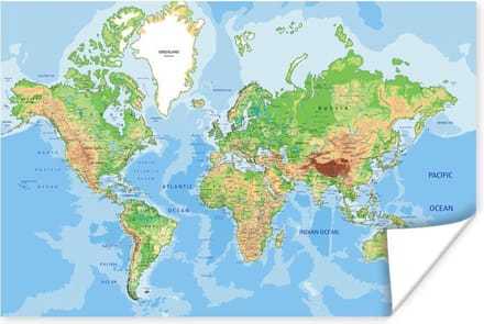 Wereldkaart Realistisch poster | Wereldkaart Poster 60x40 cm
