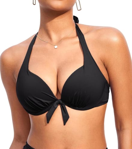 Allecto Plus - Push Up Bikini Top met Halterband en Push Up Effect - Dames Badkleding Maten Beschikbaar - Zwart