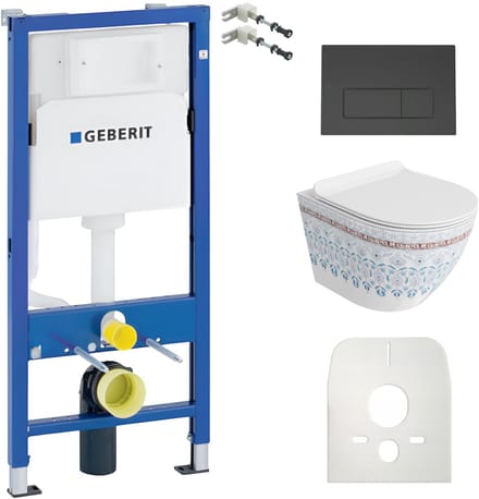 GEBERIT Duofix Basic Inbouwreservoir - SOFI SLIM FOLKLOR Wandcloset - Zwarte DELTA 25 Drukplaat - Soft-close