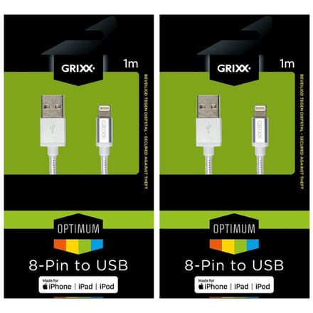 2x1 meter - iPhone/ iPad/ Airpods/ iPod Lightning ‑ USB kabel - Grixx 2-pack - Wit - Heavy duty nylon mantel